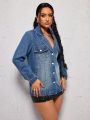 SHEIN ICON Ladies' Retro Lapel Denim Blazer Jacket