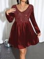 SHEIN Privé Plus Size Velvet Dress With V-neck, Shiny Panel Details