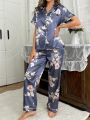 Imitation Silk Floral Print Pajama Set With Lapel Collar