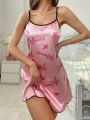 Letter Print Spaghetti Strap Satin Nightdress