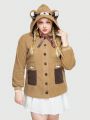 ROMWE Kawaii Women'S Hooded Coat With Bear Embroidery