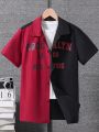 Teen Boy's Red & Black Color Block Letter Printed Short Sleeve Shirt