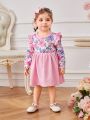 SHEIN Infant Girls' Casual & Elegant Flower Print Patchwork Dress With Ruffled Hem