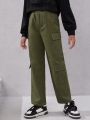 SHEIN Kids Cooltwn Big Girls' Casual Streetwear Solid Color Straight Leg Cargo Pants