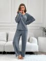 Women's Plain Ribbed Long Sleeve And Long Pant Homewear Set