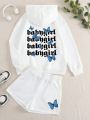 Letter & Butterfly Printed Fleece Lined Hoodie And Shorts Set For Winter