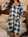 Pregnant Women's Plaid Pattern Long Sleeve Sleep Dress With Contrast Trim
