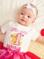 SHEIN Newborn Baby Girls' Short Sleeve Cartoon Print Romper With Mesh Tutu Skirt Set