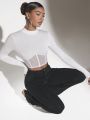 SHEIN BAE Women's Mesh Spliced Stand Collar Long Sleeve Crop Top T-shirt