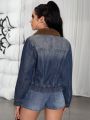 SHEIN ICON Vintage Distressed Patchwork Collar Zipper Denim Jacket