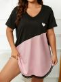 Plus Heart Print Colorblock Lace Trim Nightdress