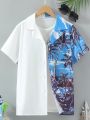 SHEIN Kids SUNSHNE Tween Boy Casual Street Fashion Coconut Tree Print Patchwork Shirt For Vacation