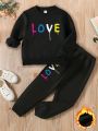 2pcs/Set Girls' Colorful Text & Slogan Print Sweatshirt And Sweatpants, Autumn And Winter