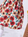 Baby Girl Sunflower Printed Elegant Romantic Lovely Daily Casual Dress With Bag, Spring And Summer