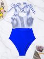 SHEIN Swim Striped Cut Out Tie Shoulder One Piece Swimsuit