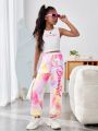 SHEIN Kids Cooltwn Tween Girls' Casual Street Style Sleeveless Knit Top With Round Neckline And Elastic Waist Jogger Pants