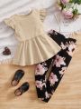 SHEIN Young Girl Casual Comfortable Ruffle Hem Short Flying Sleeve Top And Floral Printed Pants 2pcs Clothing Set