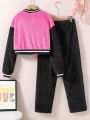 Teen Girl Letter Patched Striped Trim Drop Shoulder Teddy Jacket & Pants