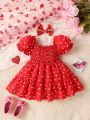 New Summer Baby Girls' Puff Sleeve Heart Printed Fashionable Adorable Dress