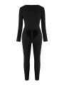 SHEIN SXY Plus Size Solid Color Long Sleeve Bodysuit Jumpsuit