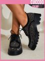 Cuccoo Party Collection Women Faux Suede Rhinestone Decor Lace-up Front Wedge Shoes, Glamorous Outdoor Platform Oxford Shoes