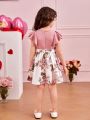 SHEIN Kids CHARMNG Little Girls' Square Neck Detachable Belted Ruffle Sleeve Dress With Flower Patchwork