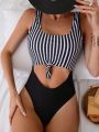 SHEIN Swim Chicsea Hollow Out Striped & Printed One-Piece Swimsuit