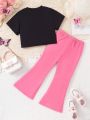 SHEIN Kids CHARMNG Little Girls' Black & Rose Red Color Block Cute Casual Holiday Comfortable 2pcs Outfits