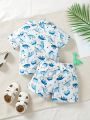 SHEIN 2pcs Infant Boys' Casual Cartoon Dinosaur Short Sleeve Shirt And Shorts Set For Summer