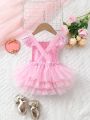 Baby Girl Pink Plaid Backless Multilayer Mesh Romper