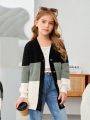 SHEIN Tween Girls' Casual Loose Fit Colorblock Cardigan With Button-up Front