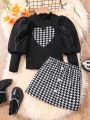 SHEIN Kids KDOMO Little Girls' Plaid Heart Patchwork Sheep Leg Sleeve Top And Skirt Set