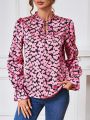 SHEIN LUNE Ladies' Long Sleeve Shirt With Heart Print And Ruffle Hem