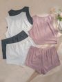 3pcs Ribbed Knit Tank Top & 3pcs Shorts