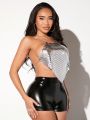 SHEIN SXY Women's Metal Shiny Halter Backless Top