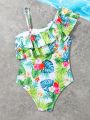 Tween Girl's One Piece Swimsuit With Random Floral Print And Ruffle Trim Without Stitching Edge