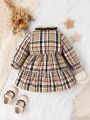 Baby Girl Plaid Print Flounce Sleeve Ruffle Hem Bow Front Dress