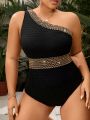 SHEIN Swim Vcay Plus Size Women's One Shoulder Spliced Woven Tape One-Piece Swimsuit