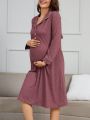 Maternity Colorblock Button Up Homewear Dress With Rolled Edge