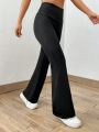 SHEIN EZwear Summer Black Solid Flare Leg Pants Flare Leggings