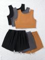 3pcs/Set Teenage Girls' Casual Knit Tank Top And Shorts Set In Multiple Colors