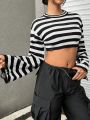 SHEIN Coolane Crop Distressed Sweater With Stripes