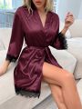 3pcs Lace Cami Top & Satin Shorts & Belted Robe