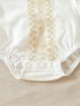 Gold Lace & Mesh Back Multi-Layered Ruffled Skirt Design Sleeveless Bodysuit With Shoulder Straps For Baby Girls