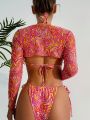 Full Print Triangle Cup Tied Side Bikini Set With Super Short Cover Up Top