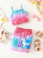 SHEIN Kids QTFun Toddler Girls' Trendy Glittery Printed Camisole Top And Unicorn Printed Skirt Set