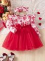 Infant Girls' Heart Print Long Sleeve Dress With Headband