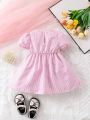 Baby Girls' Pink Wave Pattern Patchwork Lace Dress, Cute, Daily Casual, Elegant And Romantic, Spring/Summer