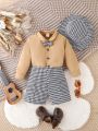 Baby Boy Casual Simple Long Sleeve Shirt, Houndstooth Pattern Long Pants And Hat Set For Summer