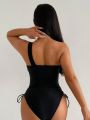 One Shoulder Hollow Out Drawstring Side Swimsuit